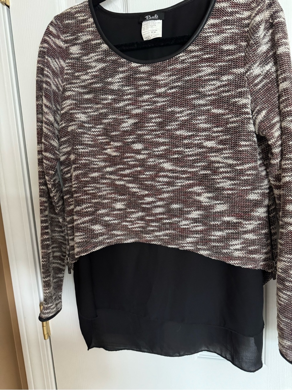 Bali Mixed Brown & Cream Layered Knit Pullover with Black Chiffon Hem